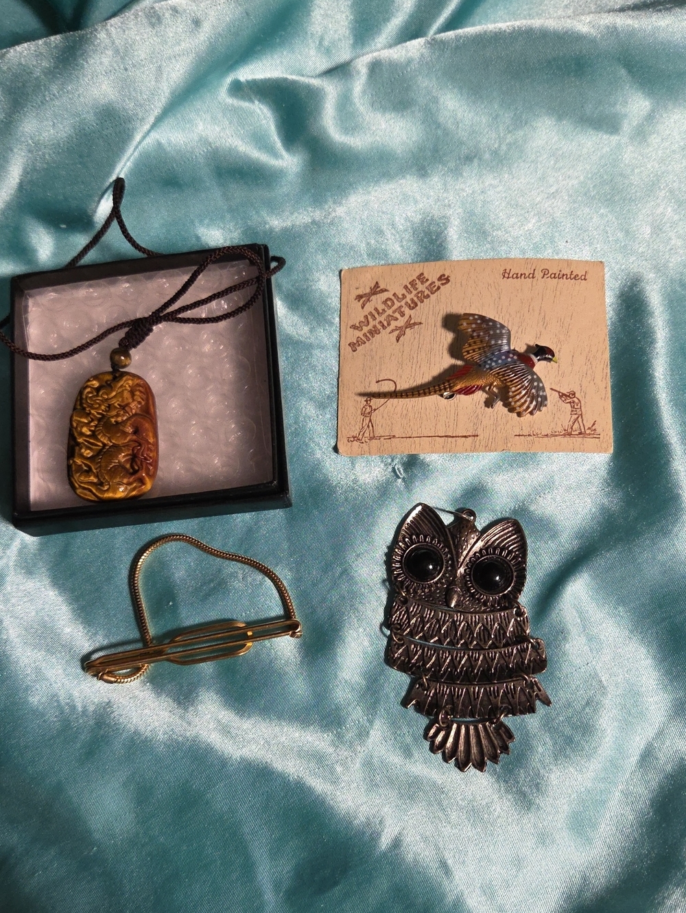 Assorted Vintage Jewelry Lot - Owl Pendant, Carved Pendant, Tie Clip, Enamel Pin